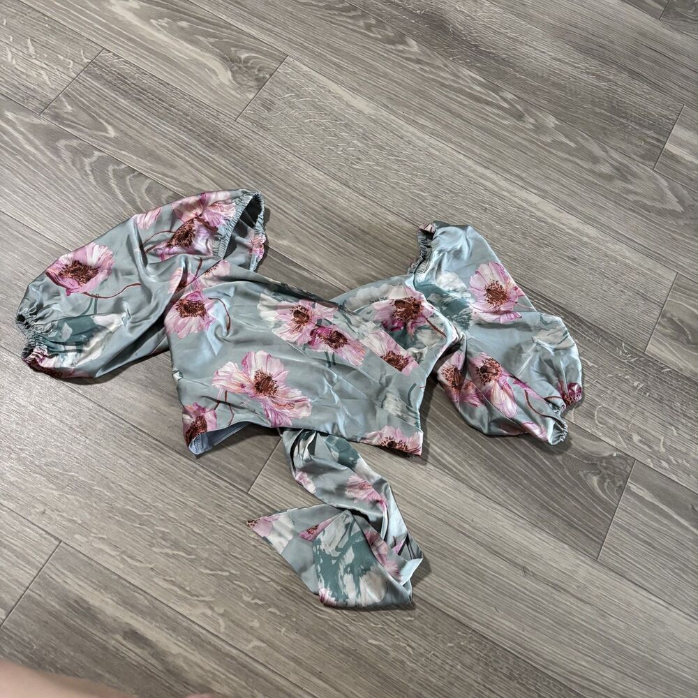 Express Satin Teal Flower Wrap Blouse Size 2
